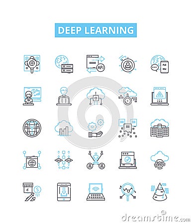 Deep learning vector line icons set. Deep, Learning, Neural, Networks, AI, Machine, Learning illustration outline Vector Illustration