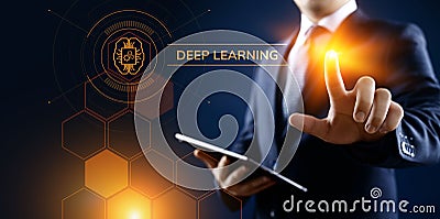 Deep Machine learning artificial intelligence technology concept. Businessman pointing on screen. Stock Photo