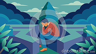 Deep within the maze a solitary figure sits a the hedges lost in thought. Its not until their friends find them that Vector Illustration