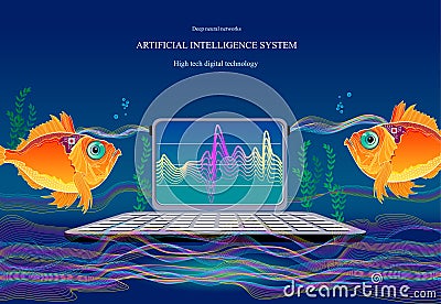 Deep neural networks. Microchip implantation in fish brain. Artificial Intelligence System. High tech digital technology. Print Vector Illustration