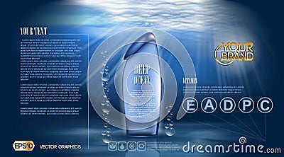 Deep ocean Shower gel or Aqua Moisturizing Lotion cosmetic ads template. Refreshing skin toner. Mockup 3D Realistic Vector Illustration