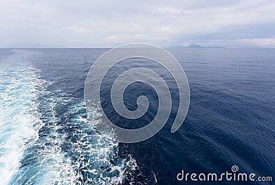 Boat Wave ocean trace on blue sea fresh water background Stock Photo