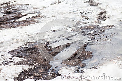 Deep puddle with lumps snow melts on the road in the city Stock Photo