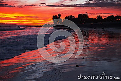 Deep purple and orange sunset looking towards Anacapa Island, Ventura, California, USA Stock Photo