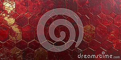 Deep red hexagonal metallic pattern illuminated by soft golden streaks of light. A rich, 3D-textured Stock Photo