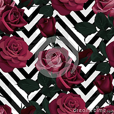 Deep red roses vector seamless pattern. Dark flowers on black and white chevron background, flowered texture Vector Illustration