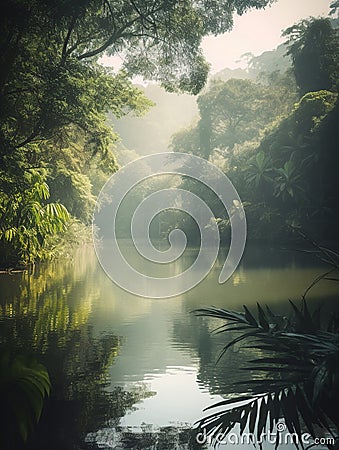 Deep river flowing through dense and humid tropical forest. Stock Photo