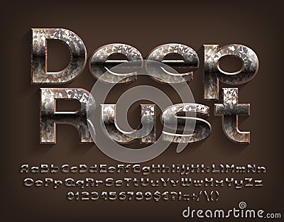 Deep Rust alphabet font. Messy beveled letters, numbers and punctuations. Vector Illustration