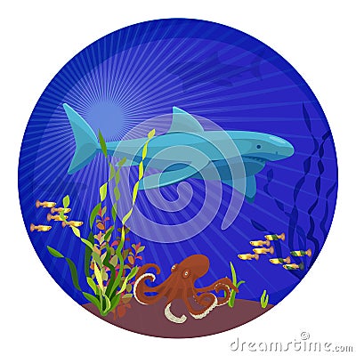 Deep sea creatures, big shark small fish and octopus Vector Illustration