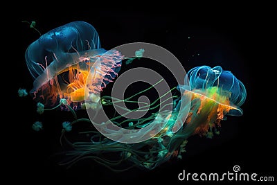 deep-sea creatures racing each other in a display of bioluminescence Stock Photo