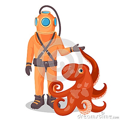 Deep sea diver in pressure suit holds sea devil fish and octopus Vector Illustration