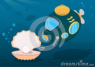 Deep sea robot bathyscaphe found large pearl in seashell. Unexpected luck, searching for treasures under water. Cartoon vector Vector Illustration