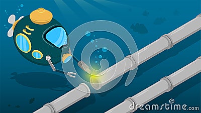 Deep sea robot bathyscaphe repairs pipeline. Complex engineering work underwater. Oil pipeline laying. Cartoon vector Vector Illustration