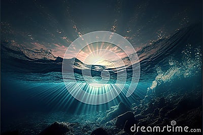 deep sea or under the deep water horizon sun rays Generative AI Stock Photo