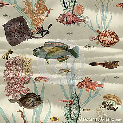 Deep sea wallpaper pattern with coral reefs and colorful fish in the depths of the bay, vintage beige background Stock Photo