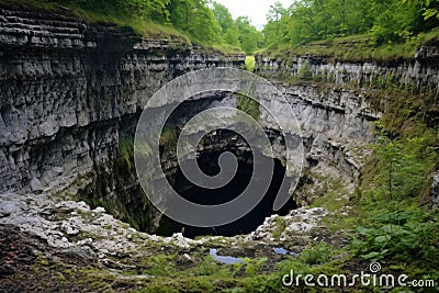 deep sinkhole in a limestone area surrounded by vegetation Stock Photo