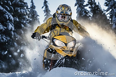 In deep snowdrift snowmobile rider make fast turn Stock Photo