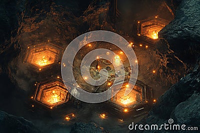 A deep-space mining station where robotic drills extract rare minerals from floating hexagonal Stock Photo