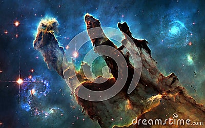Deep space. Pillars of Creation and galaxies Stock Photo
