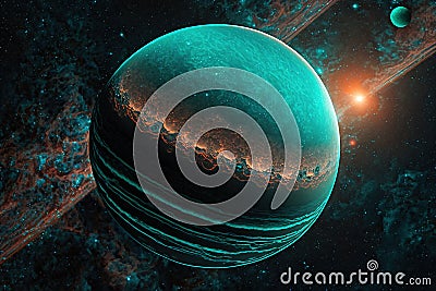 Deep space planets in light of teal and red star. Beautiful cosmic landscape. Science fiction. Stock Photo