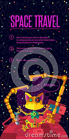 Deep space. Robots planet. Robot is drinking oil. Vector Illustration