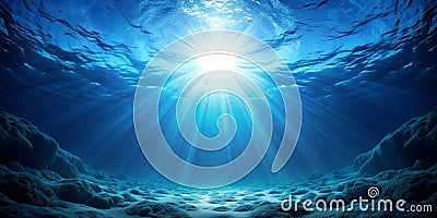 A deep underwater abyss illuminated by a blue sun Creative AI Stock Photo