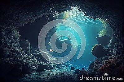 Deep Underwater ocean valley. Underwater life of cenote Cartoon Illustration