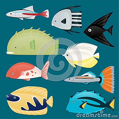 Deep water sea tropical aquatic marine fish set Cartoon Illustration