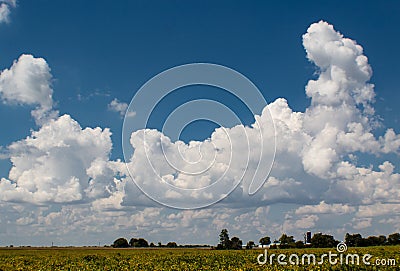Deep blue summer sky with bright puffy clouds, Bond County, Illinois Stock Photo