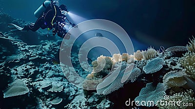 Deepsea divers decked out in sleek hightech gear carefully inspect and document the intricate details of a vibrant coral Stock Photo