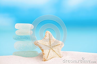 deepwater rare starfish with sea glass ocean , beach and seascape Stock Photo