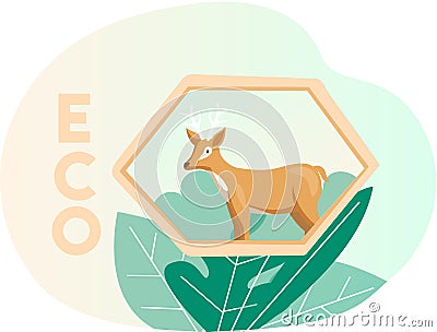 Deer on abstract background with leaves. Representative of biodiversity, wild animal of planet Earth Vector Illustration