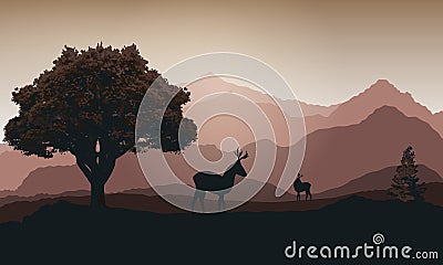 Deer against the background of the mountains at sunset Vector Illustration