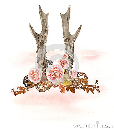 Deer antler with roses and banner Stock Photo