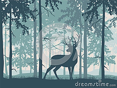 Deer with antlers posing, blue forest background, silhouettes of trees. Vector Illustration