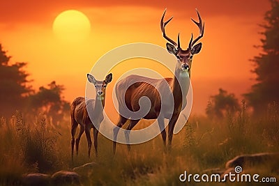 deer with antlers and small bambi fawn at sunset in meadow near forest. AI generated. Stock Photo