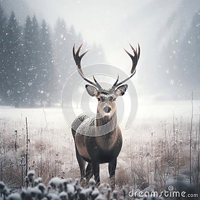 a deer with antlers standing in a snowy field with snow falling on it. ai generative Stock Photo