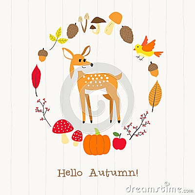 Deer with autumn frame card Vector Illustration