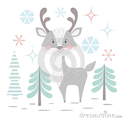 Deer baby winter print. Cute animal in snowy forest christmas card. Vector Illustration