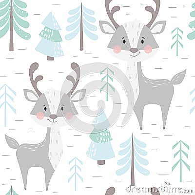 Deer baby winter seamless pattern. Cute animal in snowy forest christmas print. Vector Illustration