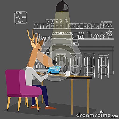 Deer in businessman suit using his laptop Vector Illustration