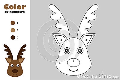 Deer in cartoon style, color by number, christmas education paper game for the development of children, coloring page, kids presch Stock Photo