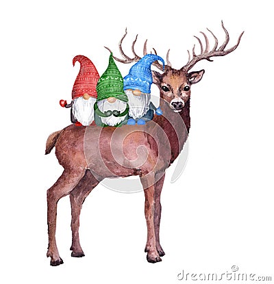 Deer, Christmas gnomes family. Scandinavian dwarves and winter reindeer animal. Watercolor for xmas, New year Stock Photo