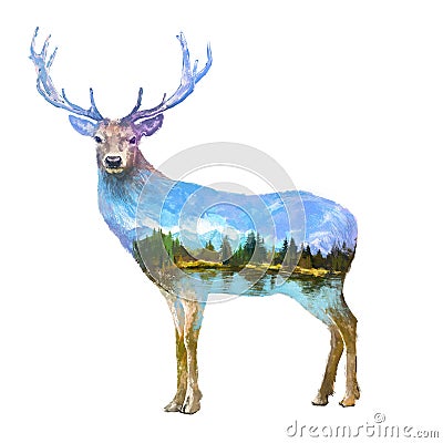 Deer double exposure illustration Cartoon Illustration