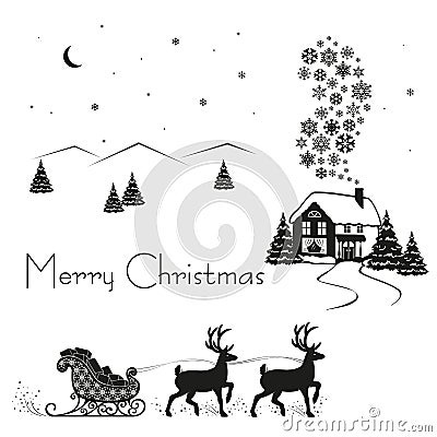 Deer driven sledge of Santa Claus with gifts, black silhouette on white snow, vector illustration Cartoon Illustration