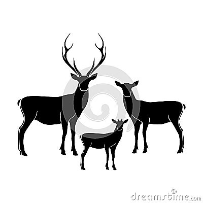 Deer family vector isolated illustration. Deer papa , deer mama and fawn isolated silhouettes. Vector Illustration