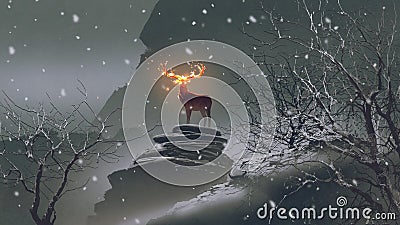 The deer with fire horns in winter Cartoon Illustration