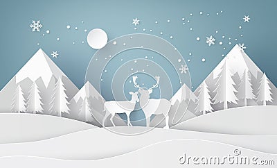 Deer in forest with snow. Vector Illustration