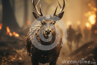 deer in forest wildfire in forest natural catastrophe Stock Photo