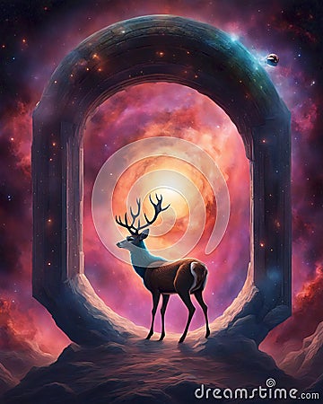 Deer at a Galactic Portal Stock Photo